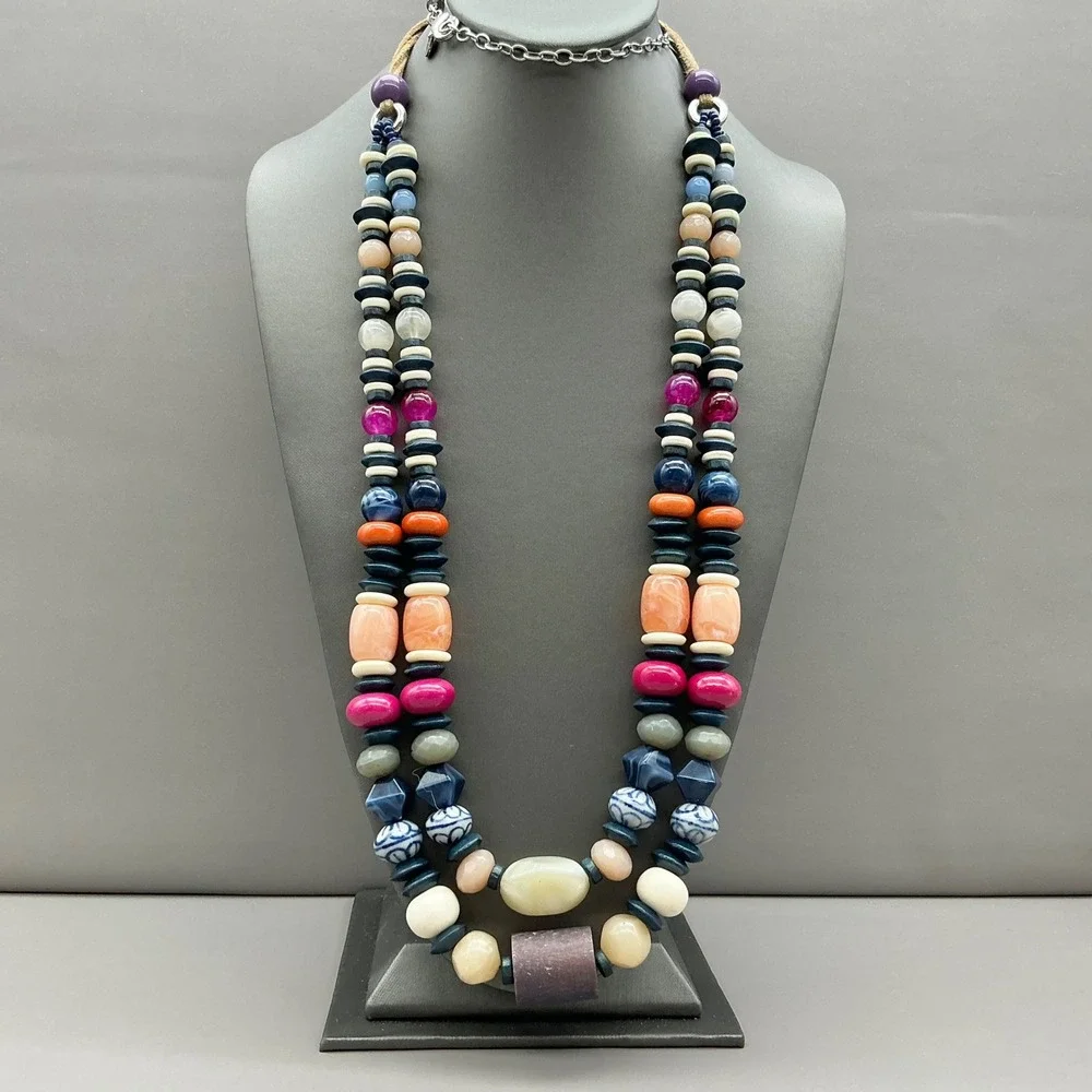 Chico's Necklace Multicolor Beaded Multi Strand Faux Suede Cord Boho Statement